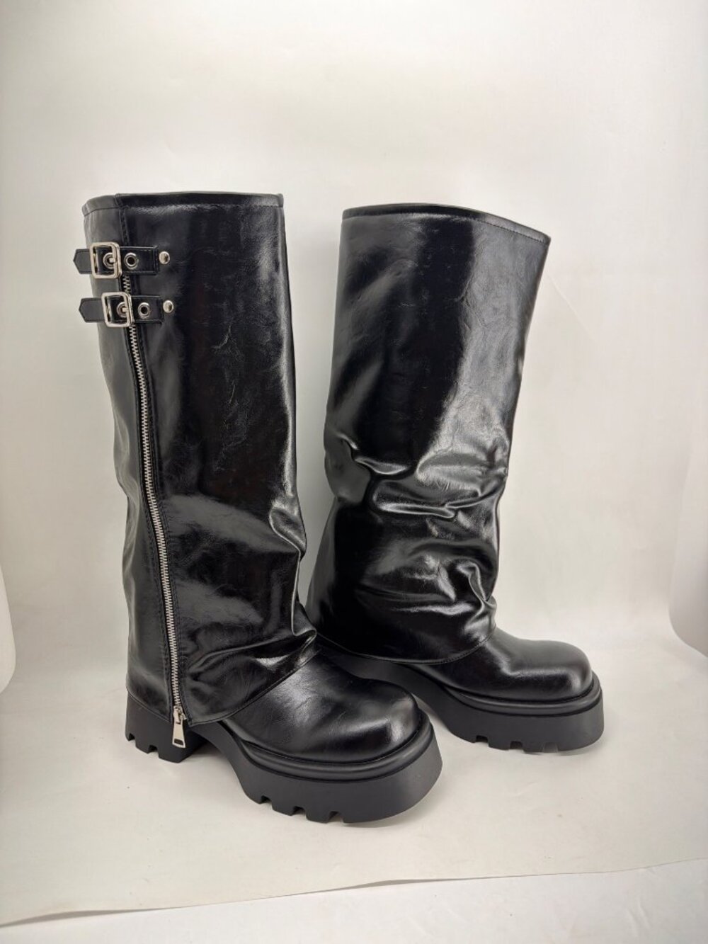 Black Chunky Platform Heel Boots Slouchy Biker Knee-High Women Size 9.5